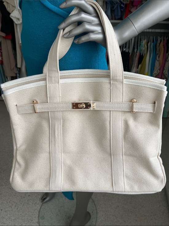 Handbags - Canvas Tote Bag in Cream with Gold Hardware
